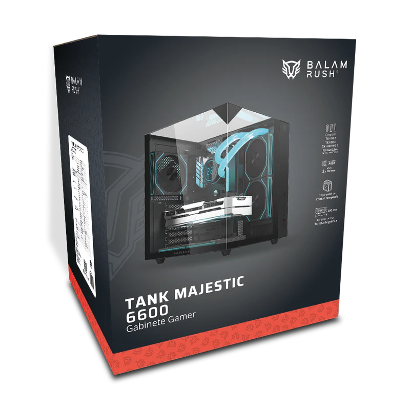 Gabinete Gamer Balam Rush Tank Majestic 6600 / Media Torre / Atx - Micro Atx - Itx / Ventiladores Argb / Cristal Templado / Soporte P/ Tarjeta Grafica 330 Mm / Dual Chamber / Negro / Br-941525