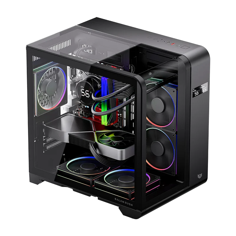 Gabinete Gamer Balam Rush Tank Expert Curve 6400 / Mini Torre / Matx - Itx / Ventilador Argb X3 / Max Gpu 350 Mm / Panel De Cristal - Filtro De Polvo / Pantalla Digital / Negro / Br-941617