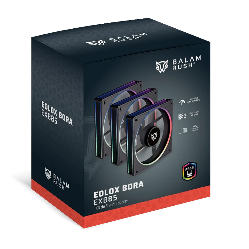 Kit 3 Ventiladores Balam Rush Eolox Bora Exb85 / Potencia De Enfriamiento / Velocidad 1600 Rpm / Silencio Imbatible / Conexin Pwm Aura / Argb / Negro / Br-942126