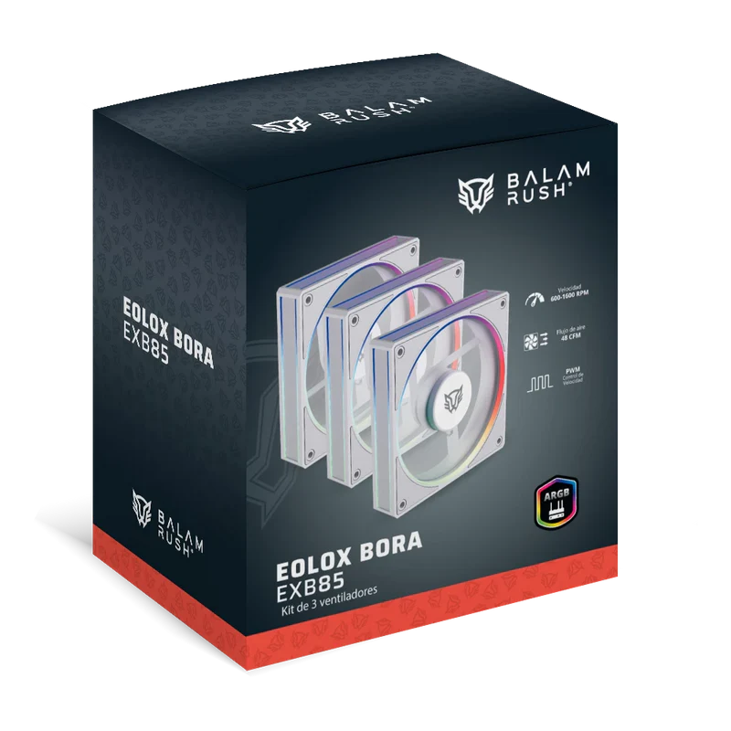 Kit 3 Ventiladores Balam Rush Eolox Bora Exb85 / Potencia De Enfriamiento / Velocidad 1600 Rpm / Silencio Imbatible / ConexiÓn Pwm + Aura  / Argb / Blanco / Br-942133