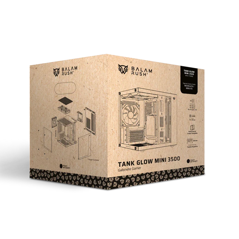 Gabinete Gamer Balam Rush Tank Glow Mini 3500 / Mini Torre / Micro-atx, Mini Itx / Incluye 3 Ventiladores Argb 120 Mm / Cristal Templado / Negro / Br-943871