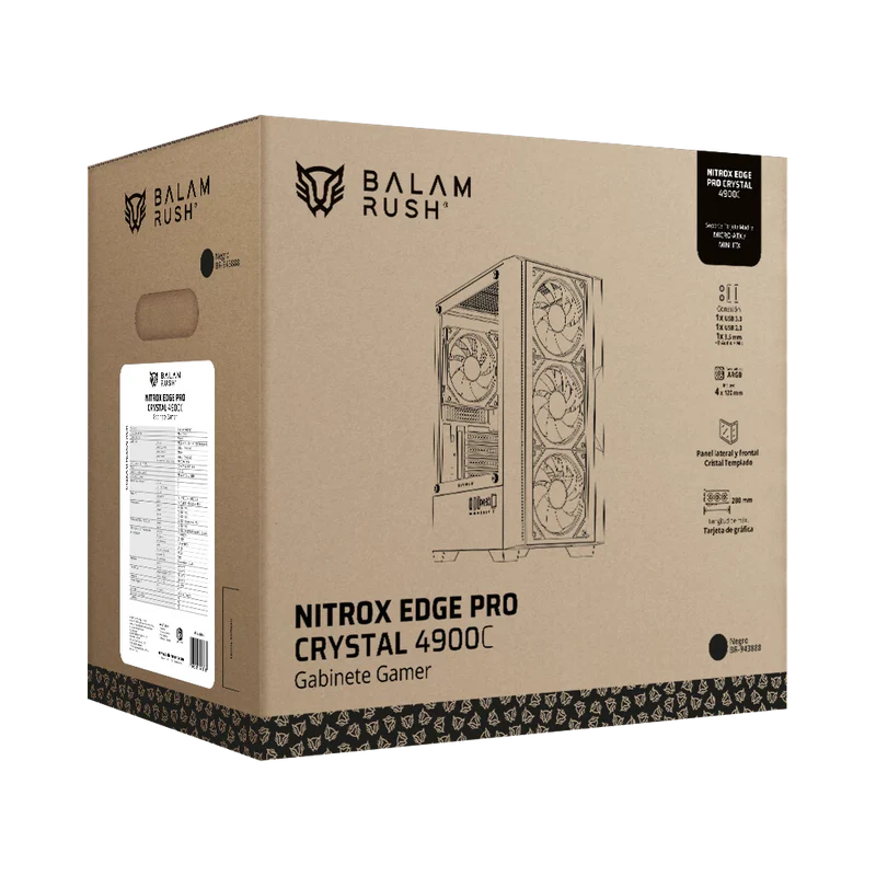 Gabinete Gamer Balam Rush Nitrox Edge Pro Crystal 4900c / Mini Torre / Micro-atx, Mini Itx / Incluye 3 Ventiladores Argb 120 Mm / Cristal Templado / Negro / Br-943888