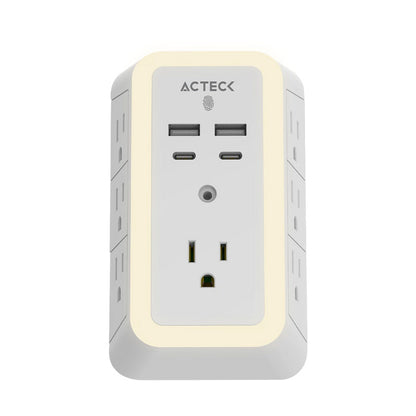 Cargador De Pared Acteck Energon Lumina Cp515 / 11 En 1 / 7 X Tomacorriente / 2 Usb / 2 Tipo C / Resistente Al Fuego / Supresor De Picos 540 J / Sensor Touch / Blanco /ac-936484