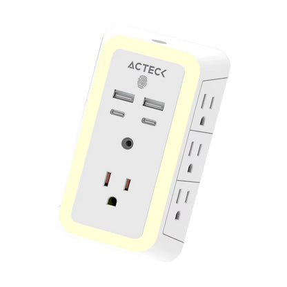 Cargador De Pared Acteck Energon Lumina Cp515 / 11 En 1 / 7 X Tomacorriente / 2 Usb / 2 Tipo C / Resistente Al Fuego / Supresor De Picos 540 J / Sensor Touch / Blanco /ac-936484