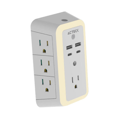 Cargador De Pared Acteck Energon Lumina Cp515 / 11 En 1 / 7 X Tomacorriente / 2 Usb / 2 Tipo C / Resistente Al Fuego / Supresor De Picos 540 J / Sensor Touch / Blanco /ac-936484