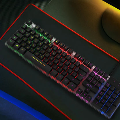 Teclado Acteck Creator Aurean Ii Ta220g / Alambrico Usb / Iluminacion Rainbown / Multimedia / Membrana / Multi Lenguaje / 107 Teclas / Win Xp- 7- 8 -10 /  Antighosting / Negro Translucido / Ac-939195