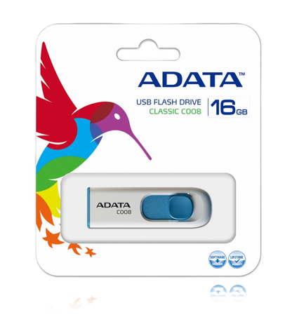 Memoria Adata 16gb Usb 2.0 C008 Retractil Blanco-azul (ac008-16g-rwe)