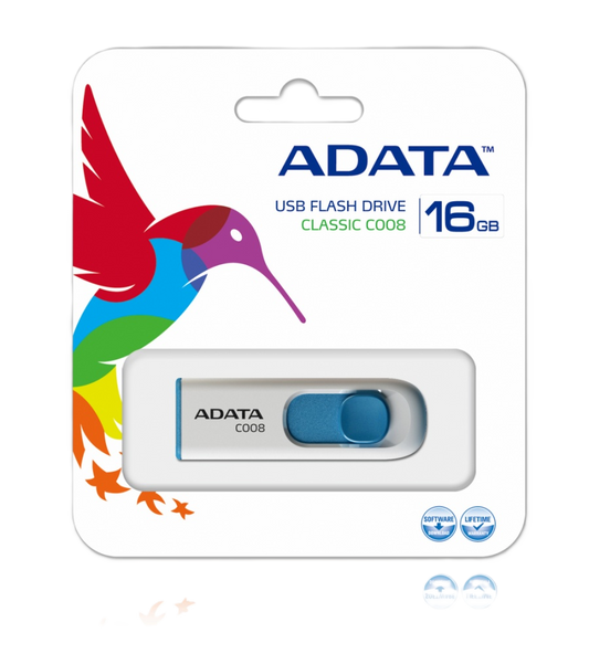 Memoria Adata 16gb Usb 2.0 C008 Retractil Blanco-azul (ac008-16g-rwe)