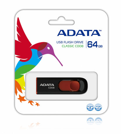 Memoria Adata 64gb Usb 2.0 C008 Retractil Negro-rojo ( Ac008-64g-rkd)