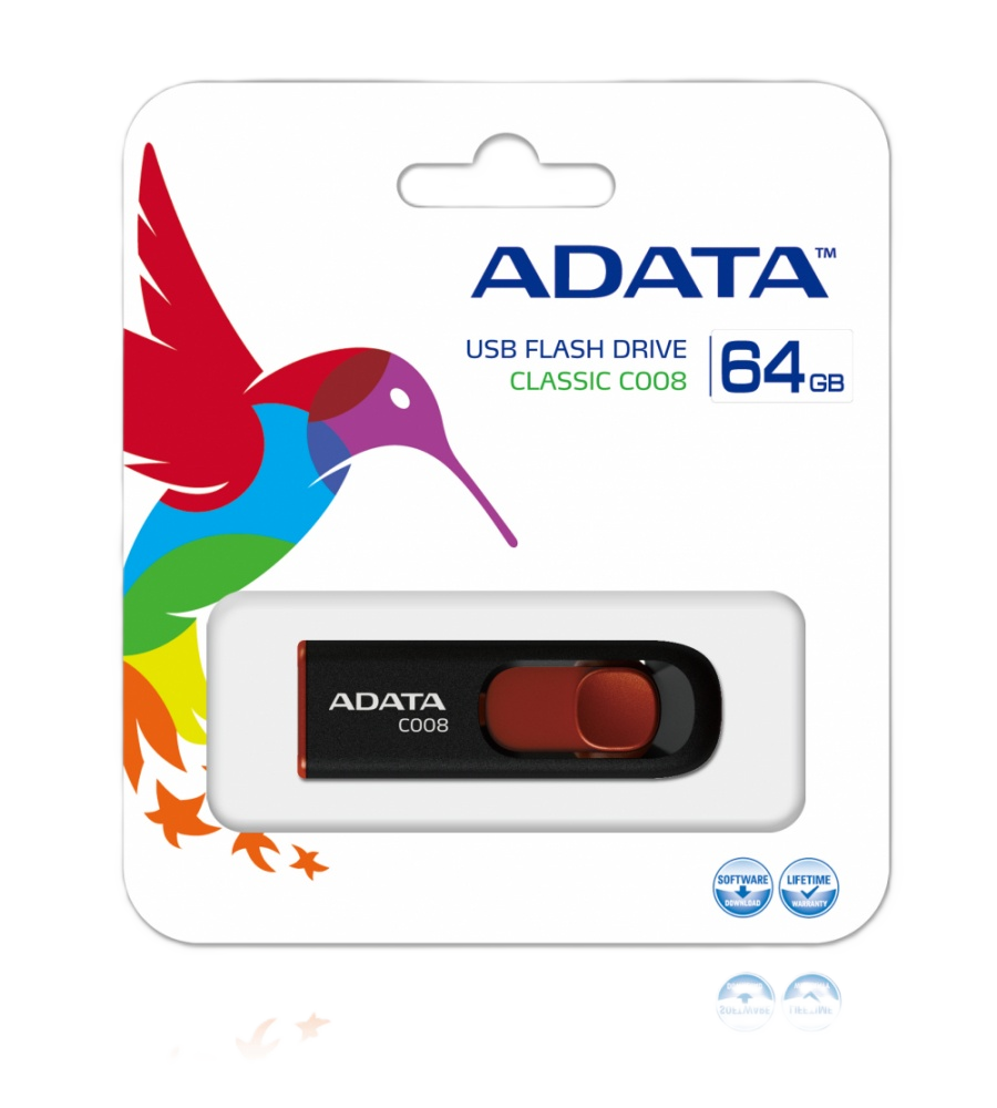Memoria Adata 64gb Usb 2.0 C008 Retractil Negro-rojo ( Ac008-64g-rkd)