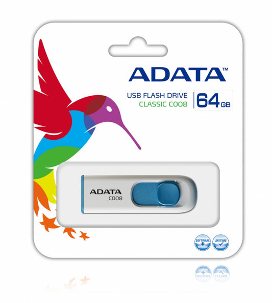 Memoria Adata 64gb Usb 2.0 C008 Retractil Blanco-azul (ac008-64g-rwe)