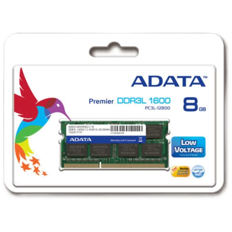 Memoria Adata Sodimm Ddr3 Low 8gb Pc3l-12800 1600mhz Cl11 204pin 1.35v Laptop/aio/mini Pcs Adds1600w8g11-s