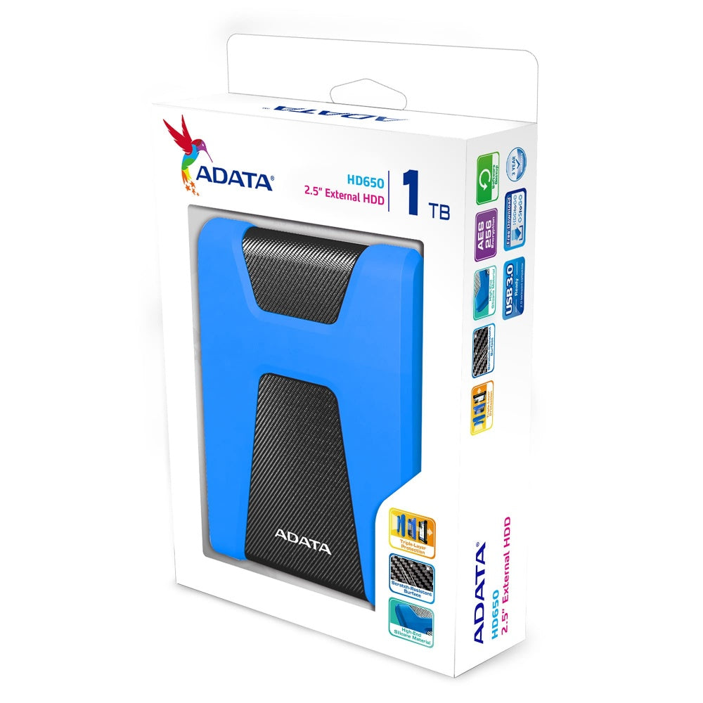 Disco Duro Externo Adata Hd650 1tb Portatil 2.5 Usb 3.2 Windows Mac Linux Contragolpes Color Azul (ahd650-1tu31-cbl)