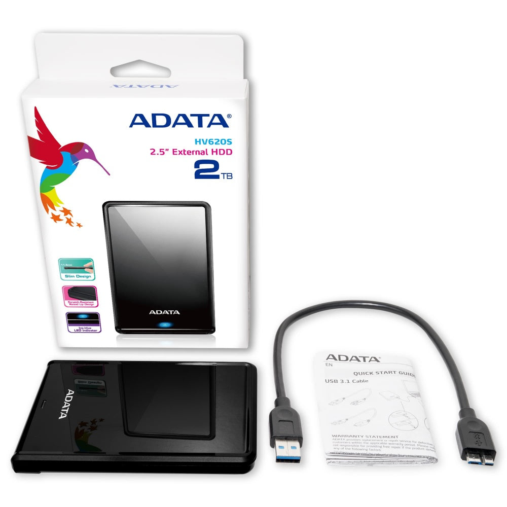 Disco Duro Externo Adata Hv620s 2tb Portatil 2.5 Usb 3.2 Windows Mac Linux Dashdrive Slim Color Negro (ahv620s-2tu31-cbk)