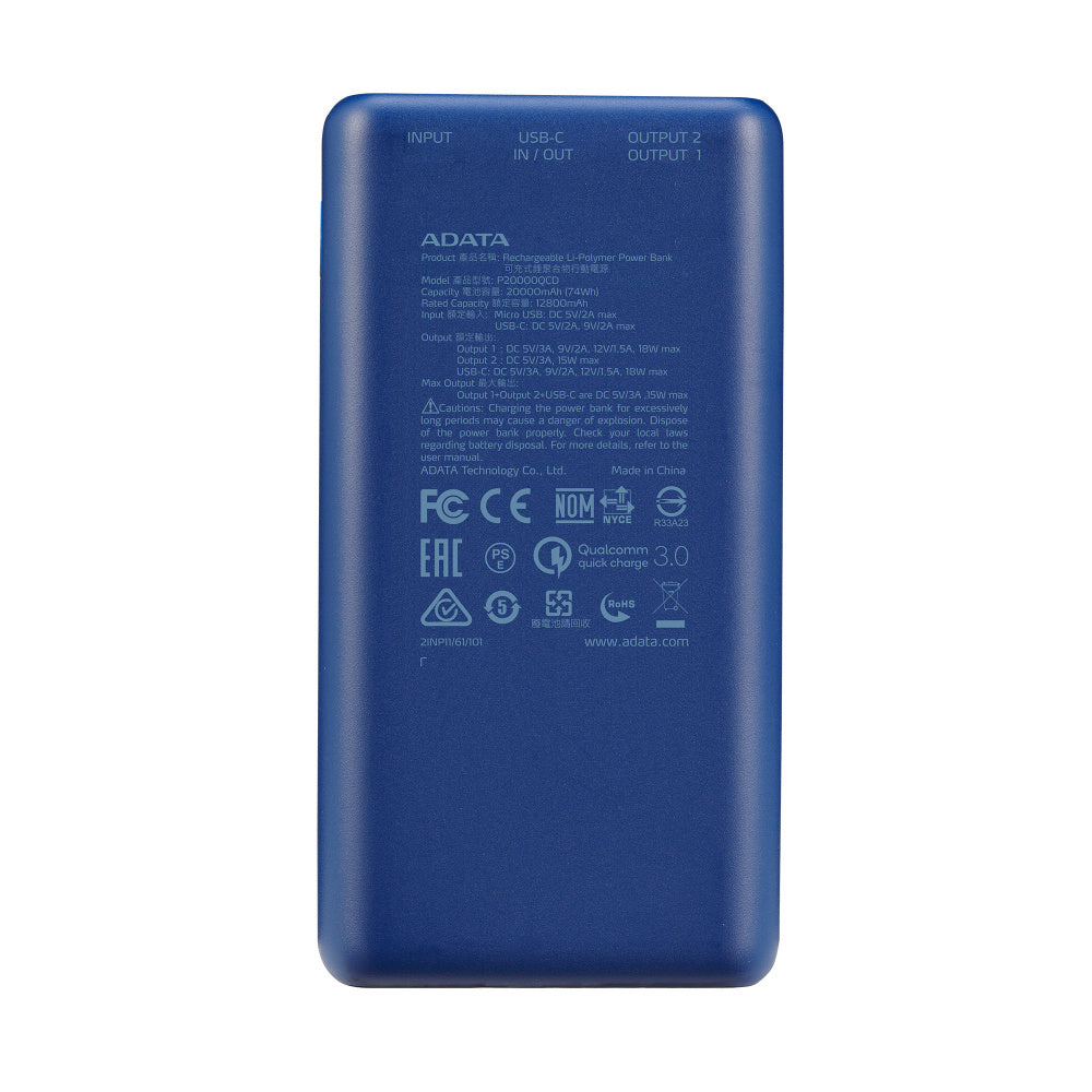 Bateria De Respaldo Adata Power Bank P20000qcd 20000mah/2 Usb A/ 1 Usb C/indicador De Carga Digital Color Azul (ap20000qcd-dgt-cdb)