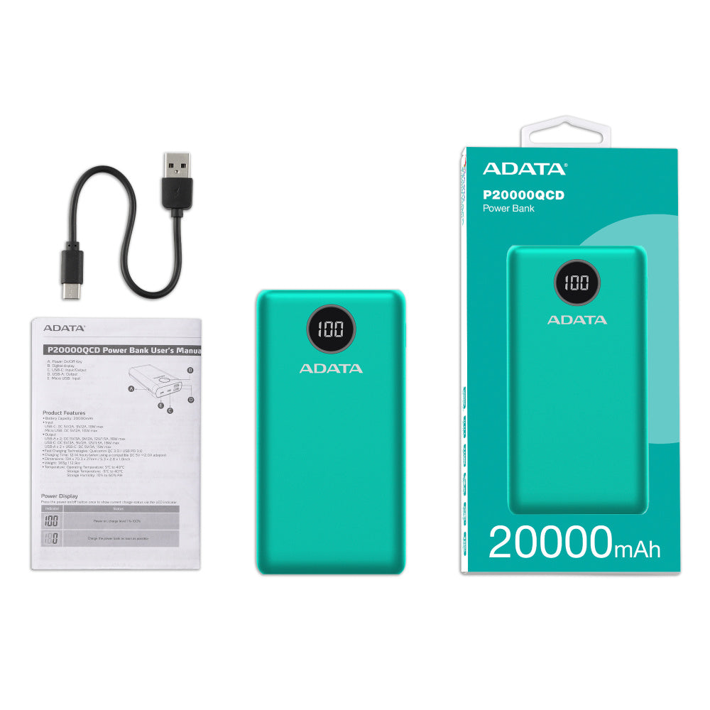 Bateria De Respaldo Adata Power Bank P20000qcd 20000mah/2 Usb A/ 1 Usb C/indicador De Carga Digital Color Verde (ap20000qcd-dgt-cgn)