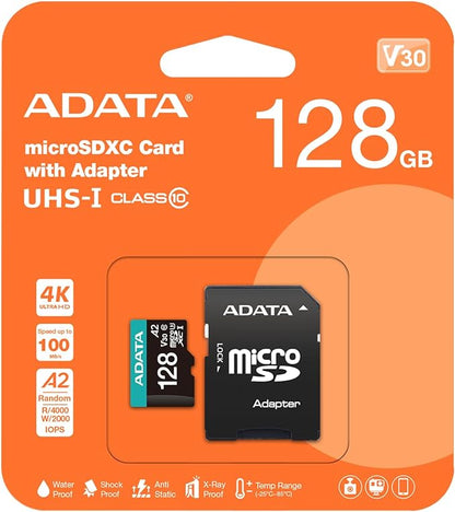 Memoria Adata Micro Sdxc/sdhc 128gb Uhs-i 100mb/85mb Clase 10 V30 A2 C/adaptador ( Ausdx128gui3v30sa2-ra1)