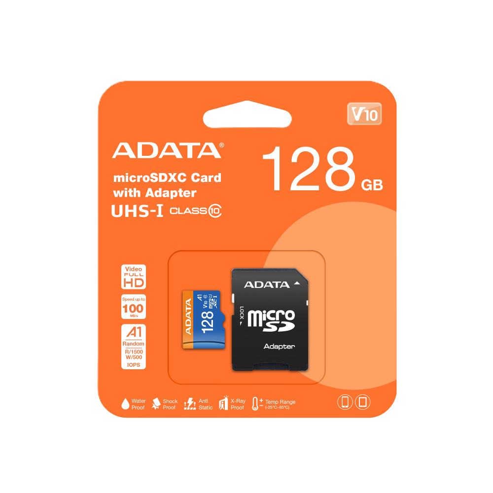 Memoria Adata Micro Sdxc/sdhc 128gb Uhs-i 100mb/25mb Clase 10 V10 A1 C/adaptador (ausdx128guicl10a1-ra1)