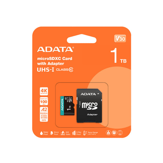 Memoria Adata Micro Sdxc/sdhc 1tb Uhs-i Videovigilancia 24/7 100mb/85mb 4k Clase 10 U3 V30 A2 C/adaptador Ausdx1tui3v30sa2-ra1