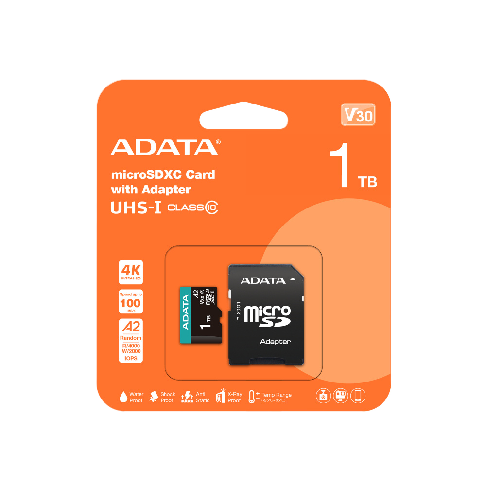 Memoria Adata Micro Sdxc/sdhc 1tb Uhs-i Videovigilancia 24/7 100mb/85mb 4k Clase 10 U3 V30 A2 C/adaptador Ausdx1tui3v30sa2-ra1