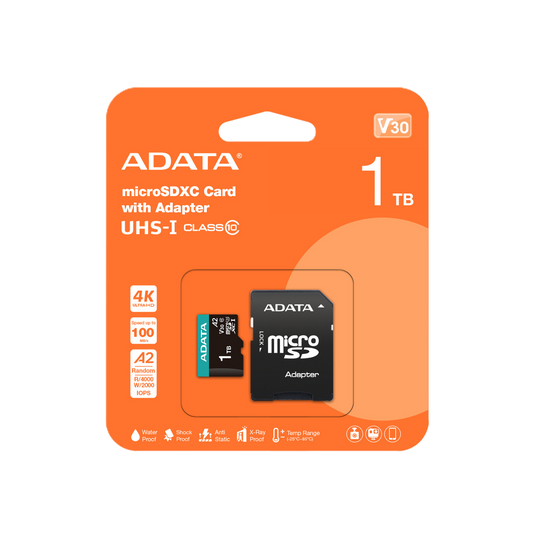 Memoria Adata Micro Sdxc/sdhc 1tb Uhs-i Videovigilancia 24/7 100mb/85mb 4k Clase 10 U3 V30 A2 C/adaptador Ausdx1tui3v30sa2-ra1