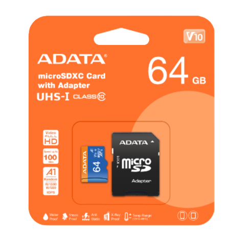 Memoria Adata Micro Sdxc/sdhc 64gb Uhs-i 100mb/25mb Clase 10 V10 A1 C/adaptador (ausdx64guicl10a1-ra1)