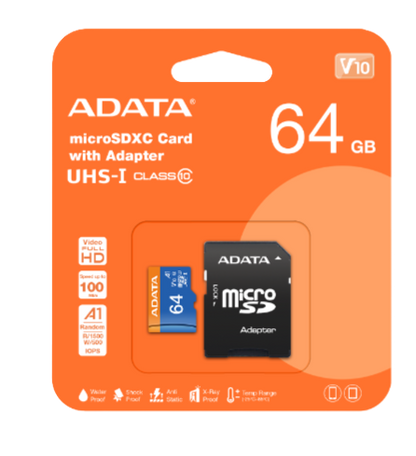 Memoria Adata Micro Sdxc/sdhc 64gb Uhs-i 100mb/25mb Clase 10 V10 A1 C/adaptador (ausdx64guicl10a1-ra1)