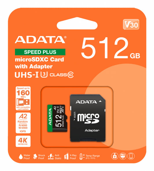 Memoria Adata Microsdxc Speed Plus 512gb Cl10 Con Adaptador (ud512gui3v30a2sp-ra1)