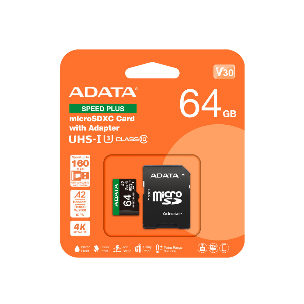 Memoria Adata Microsdxc Speed Plus 64gb Cl10 Con Adaptador (ud64gui3v30a2sp-ra1)