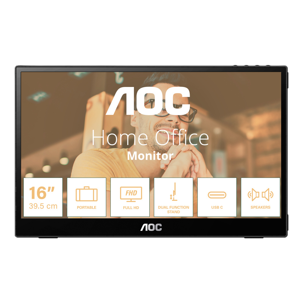 Monitor Portatil Led Aoc 16t20 / Color Negro / Panel Ips 15.6 / Usb-c / Aspecto 16:9 / T.d.respuesta 20ms / Resolucion 1920 X 1080 / 60 Hz / Contraste 50m:1 / Brillo 230 Cd/m2 / 3 AÑos De Garantia