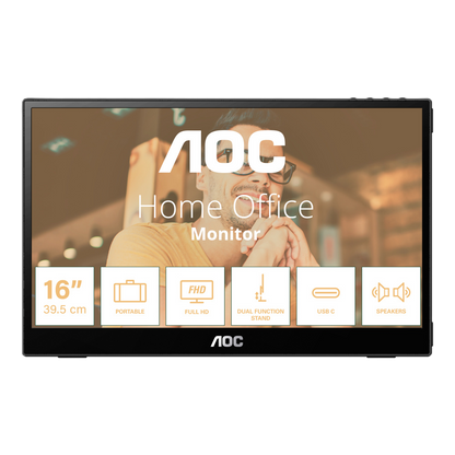 Monitor Portatil Led Aoc 16t20 / Color Negro / Panel Ips 15.6 / Usb-c / Aspecto 16:9 / T.d.respuesta 20ms / Resolucion 1920 X 1080 / 60 Hz / Contraste 50m:1 / Brillo 230 Cd/m2 / 3 AÑos De Garantia