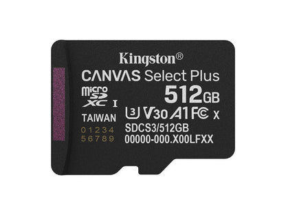 Memoria Flash Micro Sd Kingston Sdxc Canvas Select Plus 512gb 150mb/s Uhs-i U3 V30 Sin/adaptador (sdcs3/512gbsp)