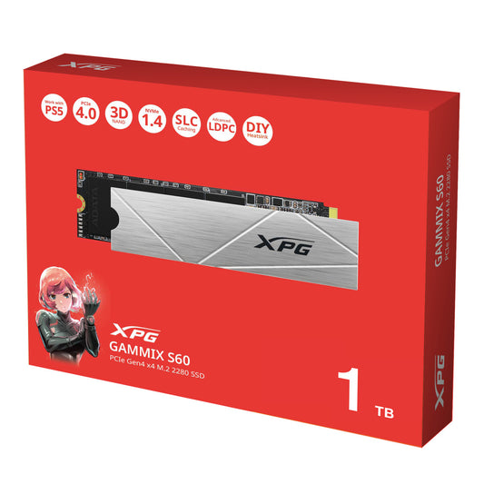 Unidad De Estado Solido Ssd Interno Xpg Gammix 1tb S60 M.2 2280 Nvme Pcie Gen 4x4 Lect.5000 Escrit. 3200 Mbs 3dnand Pc Laptop Minipc Con Disipador Gamer (agammixs60-1t-cs)