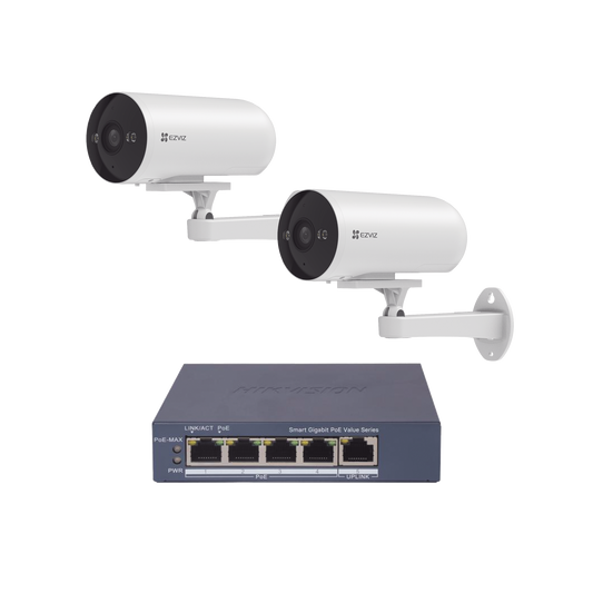 Kit de cámaras WiFi Para Uso en Exterior / 2 piezas CS-H5/3MP/ POE Af / 1 Pieza de Switch DS-3E1505P-EI/M / Vision Nocturna a Color / IP67 / Audio Bidireccional / Luz y Sirena / 4 Puertos 1000 Mbps PoE+ / 1 Puerto 1000 Mbps Uplink