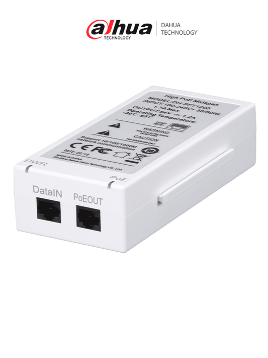 Inyector Poe/ Dahua/ Pft1200 Inyector Hi-poe Midspan Gigabit/ Soporta Poe/poe+/ Soporta Hi-poe 60 Watts Para Ptz/ Indicadores Led De Status