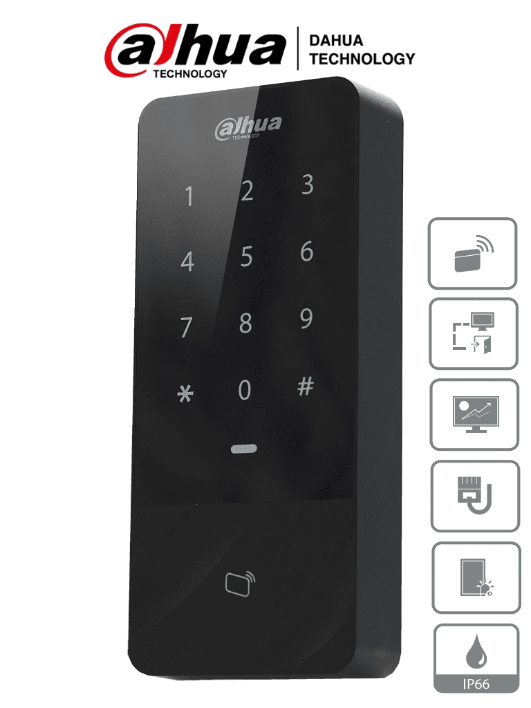 Control De Acceso/ Dahua/ Asi1201e-d/ Independiente Con Teclado Touch Y Tarjetas Id/ 30,000 Usuarios, 60,000 Registros/ Tcp/ip/ Soporta Lectora Esclavo Por Wiegand Y Rs-485/ Uso Exterior Ip66/