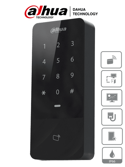 Control De Acceso/ Dahua/ Asi1201e-d/ Independiente Con Teclado Touch Y Tarjetas Id/ 30,000 Usuarios, 60,000 Registros/ Tcp/ip/ Soporta Lectora Esclavo Por Wiegand Y Rs-485/ Uso Exterior Ip66/