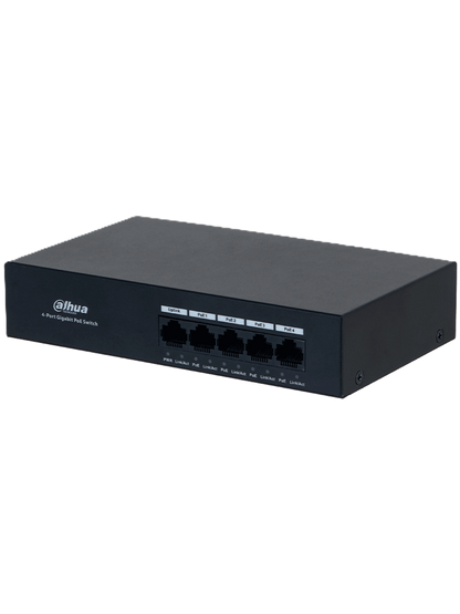 Switch/ Dahua/ Dh-pfs3005-4gt-36 Con 4 Pto Gigabit Poe Y 1 Pto Rj45 10/100/1000 Mbps. Ofrece Proteccion Contra Descargas Electricas, Ideal Para Alimentar Dispositivos Ip. Incluye Fuente De Poder Inte
