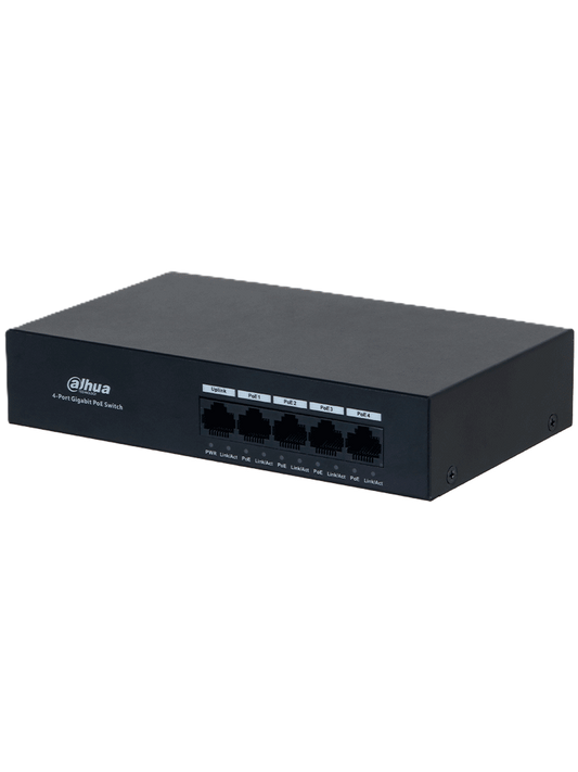 Switch/ Dahua/ Dh-pfs3005-4gt-36 Con 4 Pto Gigabit Poe Y 1 Pto Rj45 10/100/1000 Mbps. Ofrece Proteccion Contra Descargas Electricas, Ideal Para Alimentar Dispositivos Ip. Incluye Fuente De Poder Inte