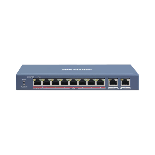 Switch PoE+ / No Administrable / 6 Puertos 10/100 Mbps 802.3 af/at (30 W) / 1 Puerto 10/100 Mbps Hi-PoE (90 W)  / 2 Puertos 1000 Mbps Uplink / Modo Extendido hasta 300 Metros / 110 Watts