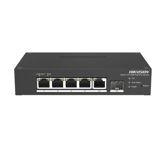 Switch PoE+ Industrial de Escritorio / Administrable / 4 Puertos 10/100 Mbps PoE+ / 1 Puerto 1000 Mbps Uplink / 1 Puertos SFP  /  Configuración Nube Hik-PartnerPro / Modo Extendido hasta 300 Metros / 60 Watts