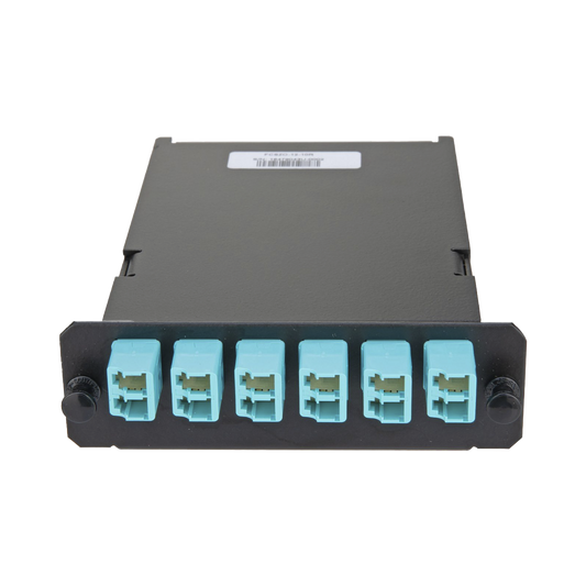 Placa Acopladora de Fibra Óptica FAP, Con 12 Pigtails Ribbon y 6 Conectores LC Duplex (12 Fibras), Para Fibra Multimodo OM3/OM4, Color Aqua