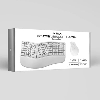 Kit Acteck Creator Virtuos Fitt Mk770 / Teclado Y Mouse Vertical / Inalambrico / Usb / Multimedia / 118 Teclas / EspaÑol / Recargable / 2400 Dpi Ajustable/ Optico / Blanco / Ac-936255