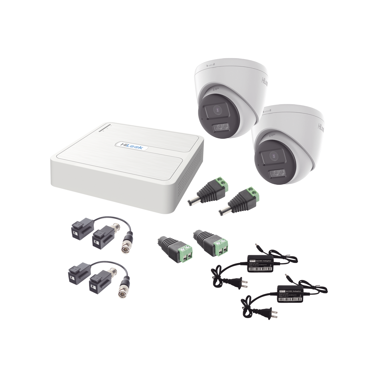 Kit HiLook Audio Bidireccional TurboHD 1080p / DVR 4 Canales / 2 Cámaras Turret (Exterior) con Bocina y Microfóno Integrado / 2 Fuentes de Poder / Accesorios