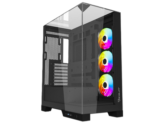 Gabinete Ocelot Gaming Glass Hunter 3 / Mini Tower /atx, M-atx, Itx Listo Para Mb Btf / Panel Lateral, Frontal Y Superior De Cristal Templado/ Incluye 3 Ventiladores / Enfriamiento Liquido Hasta 3600mm / Gpu Hasta 400mm / Color Negro