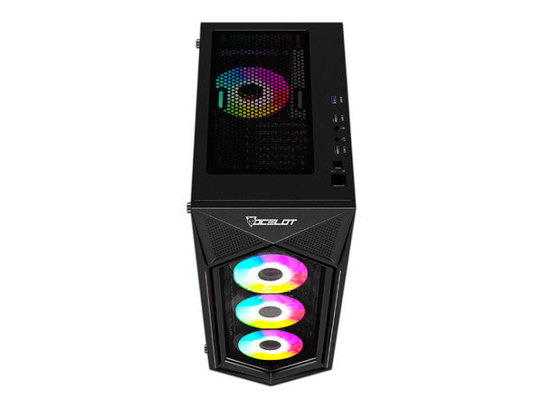 Gabinete Ocelot Gaming Polygon-e5 / Mid Tower / Atx, M-atx, Itx / Panel Lateral De Cristal Templado Y Frontal En Mesh / Incluye 4 Ventiladores / Enfriamiento Liquido Hasta 240mm / Gpu Hasta 295mm / Color Negro