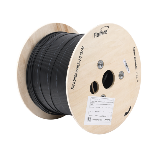 Carrete de 1 km de Fibra Óptica Aérea Mini Figura 8 G.657A2 tipo Drop, Monomodo de 2 Hilos (bifibra), Color Negro, Span 80