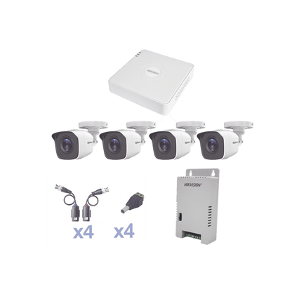 KIT TurboHD 1080 Lite / DVR 4 Canales / 4 Cámaras Bala (exterior 2.8 mm) / Transceptores / Conectores / Fuente de Poder Profesional