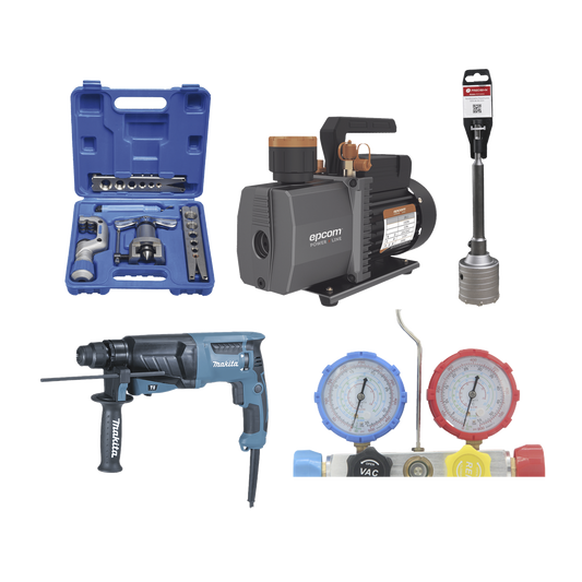 Kit profesional / Mini split / Bomba de vacío 2RS-2R-R32 / Manómetro HBSBZ6 / Kit Abocardado CT809 / Rotomartillo HR2630 / Broca PSTC02003