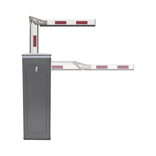 Kit de Barrera Vehicular Derecha y Brazo ARTICULADO de 3 Metros / Finales de Carrera Ajustables por Programación / Movimiento Fluido / Diseño Elegante Color Gris / Con Corona Led Semaforizada